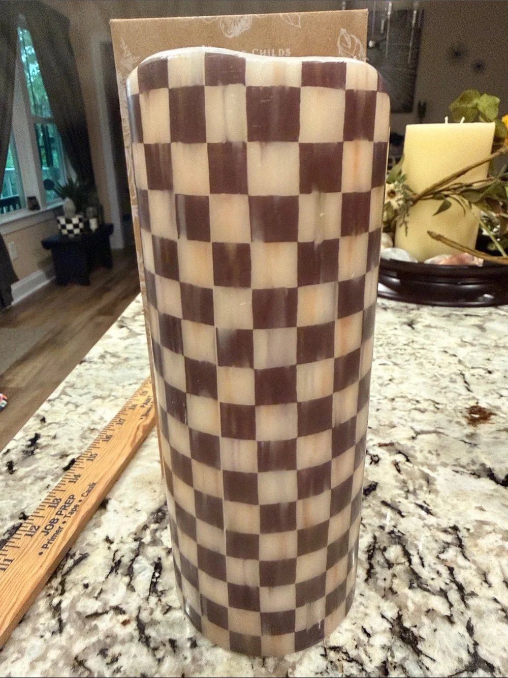 MacKenzie-Childs Brown and Cream Courtly Check Pillar Candle.   Does not light